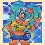  1girl aqua_eyes aqua_hair bead_choker beads black_nails brazilian_flag brazilian_flag_print brazilian_miku breasts bright_pupils cleavage cowboy_shot eyewear_on_head flag_print flower hair_flower hair_ornament hatsune_miku highres inacmaster large_breasts long_hair navel off-shoulder_shirt off_shoulder open_mouth outline print_shirt rectangular_earrings red_flower shirt shorts_tan signature smile solo sunglasses tan tanline_peek tanlines twintails very_long_hair vocaloid white-framed_eyewear white_outline white_pupils yellow_shirt 