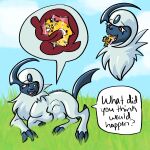 1:1 abdominal_bulge absol ambiguous_gender anthro anthro_prey blue_sky bodily_fluids cel_shading chita_(randompasserbyer) cloud domestic_cat duo felid feline felis female female/ambiguous female_pred feral feral_pred generation_3_pokemon grass hi_res internal mammal nintendo organs plant pokemon pokemon_(species) quadruped randompasserbyer safe_vore saliva sequence shaded sky speech_bubble stomach stomach_acid vore