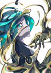  1other absurdres androgynous bangs commentary_request crystal_hair from_side gem_uniform_(houseki_no_kuni) golden_arms green_eyes green_hair highres houseki_no_kuni looking_at_viewer molten_metal natsume_hinako open_mouth phosphophyllite short_hair simple_background solo white_background 