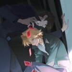  2boys against_wall arm_between_legs black_background black_pants black_shirt blonde_hair blue_eyes blue_pants brown_eyes brown_hair card coat commentary dress_shirt dropping elbow_on_leg eyes_in_shadow facing_another floating_card glowing grey_coat grin hand_on_wall hands_on_ground indoors inkerpape jonouchi_katsuya kaiba_seto leaning_forward looking_at_another looking_down male_focus multiple_boys open_clothes open_coat open_hand pants popped_collar purple_coat shirt sitting smile surprised symbol-only_commentary white_shirt wide-eyed yu-gi-oh! yu-gi-oh!_duel_monsters 