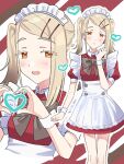  1girl :o alternate_costume apron blonde_hair blush bow bowtie breasts dress enmaided gakuen_idolmaster hair_ornament hairclip heart heart_hands highres idolmaster long_hair looking_at_viewer maid maid_apron maid_headdress multiple_views open_mouth orange_eyes puffy_short_sleeves puffy_sleeves red_dress shinosawa_hiro short_dress short_sleeves small_breasts sumomo_otome twintails wrist_cuffs 