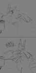 absurd_res appliance barista blush bodily_fluids buns_and_foxes cafeteria coffee_maker comic_panel ear_twitch eeveelution ellipsis feral fingers generation_1_pokemon generation_5_pokemon hi_res jolteon kitchen_appliance kitrinos_(buns_and_foxes) leaf leaf_arms long_ears male monochrome nintendo pokemon pokemon_(species) serperior sketch sorren_(buns_and_foxes) sweat