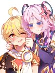  1boy 1girl absurdres aether_(genshin_impact) ahoge anger_vein blonde_hair blue_eyes blush braid brown_shirt cheek_pinching citlali_(genshin_impact) commentary commission detached_sleeves english_commentary genshin_impact highres midori_(midori13579) one_eye_closed open_mouth orange_eyes pinching pink_hair pink_pupils pout purple_shirt shirt tattoo twin_braids wink_star 