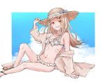  1girl absurdres bikini blue_sky breasts brown_hair daresuku gakuen_idolmaster groin hat highres idolmaster long_hair navel off_shoulder ribs shinosawa_hiro sky small_breasts smile straw_hat sweat sweatdrop swimsuit thighs yellow_eyes 