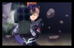  1girl 85neko black_hair commentary_request conch_(gundam) gun gundam gundam_gquuuuuux highres holding holding_gun holding_weapon long_hair looking_at_viewer mecha_pilot_suit missile_pod non-humanoid_robot normal_suit_(gundam) nyaan_(gundam_gquuuuuux) open_mouth ponytail robot scene_reference science_fiction weapon yellow_eyes 