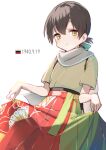  1girl bangs black_hair blue_ribbon brown_eyes commentary dated folded_ponytail hair_ribbon hakama_hold highres kantai_collection kasuga_maru_(kancolle) long_hair multicolored_clothes remodel_(kantai_collection) ribbon scarf simple_background solo swept_bangs symbol-only_commentary taiyou_(kancolle) white_background white_scarf yamashichi_(mtseven) 