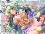  1girl anastigal_elmar_engel_berglund black_gloves blush breasts elf finger_to_mouth gloves green_eyes green_hair hair_ornament heart heart_tail iris_mysteria! large_breasts long_hair looking_at_viewer panties pink_panties pointy_ears shiroganeyoru tail thighs underwear very_long_hair 
