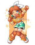  1girl aqua_shorts bandaid bandaid_on_leg bike_shorts bike_shorts_under_shorts blue_eyes bow brown_hair cropped_jacket crossed_bandaids earrings fingerless_gloves flower_earrings gloves headband highres jacket jewelry knee_pads layered_clothes mario_(series) mario_kart mario_kart_world one_eye_closed open_mouth orange_gloves orange_jacket orange_socks princess_daisy princess_daisy_(touring) sandragh shirt shoes shorts sneakers socks solo 
