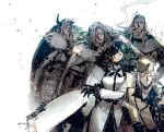  5boys akagishi_k aurel_eccard beard black_gloves black_hair book broken_horn cape coat elf facial_hair fur_cape fur_coat gloves hair_over_one_eye holding holding_book holding_sword holding_weapon horns multiple_boys old old_man oscar_the_frozen_sea_admiral pixiv_fantasia pixiv_fantasia_last_saga pointy_ears sigtor_the_fang_axe simple_background smoking speech_bubble sword thought_bubble weapon white_background white_coat yar_(pixiv_fantasia_last_saga) yeori_(pixiv_fantasia_last_saga) 
