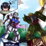  1boy 2girls aged_down amate_yuzuriha aqua_eyes arrow_(symbol) axe battle bernard_wiseman black_hair blonde_hair blood blood_on_face cable christina_mackenzie commentary damaged earth_federation earth_federation_space_forces energy_sword english_commentary green_eyes gundam gundam_0080 gundam_alex gundam_gquuuuuux hair_ornament heat_hawk helmet highres holding holding_weapon injury mecha mecha_pilot_suit mobile_suit multiple_girls one-eyed robot science_fiction shoulder_spikes spikes sword v-fin weapon zaku_ii_fz_kai zeon zeon132 