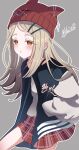  1girl absurdres animal_ear_headwear black_jacket blonde_hair blush colored_eyelashes cowboy_shot dot_nose from_side gakuen_idolmaster grey_background hair_ornament hairclip hand_in_pocket highres idolmaster jacket knit_hat long_hair long_sleeves looking_at_viewer miniskirt multicolored_jacket open_clothes open_jacket orange_eyes outline parted_lips plaid_clothes plaid_skirt pleated_skirt red_skirt shinosawa_hiro shirt signature simple_background skirt solo two-tone_jacket vtitalianlion46 white_jacket white_outline white_shirt 
