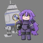  1girl astronaut black_gloves blush brown_eyes chibi closed_mouth full_body gloves grey_background hair_between_eyes helm helmet highres holding honkai_(series) honkai_impact_3rd ladder long_hair long_sleeves lunar_lander mokkyo_(motkyo) puffy_long_sleeves puffy_sleeves purple_hair simple_background sirin smile solo space_helmet standing unworn_headwear unworn_helmet very_long_hair 