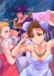  3girls 6maker :t absurdres antenna_hair bangs bare_shoulders blue_eyes blunt_bangs bottle breasts brown_eyes brown_hair bun_cover cammy_white cellphone chun-li cityscape cocktail cocktail_glass collarbone cup double_bun dress drinking_glass earrings eating food forehead formal hair_horns han_juri highres holding holding_phone jewelry large_breasts medium_breasts multiple_girls necklace night off-shoulder_dress off_shoulder pasta phone pose purple_dress purple_eyes purple_hair red_dress scar scar_on_cheek scar_on_face selfie sideboob smartphone spaghetti spaghetti_strap strapless strapless_dress street_fighter toned triangle_earrings v v_over_eye white_dress wine_bottle 