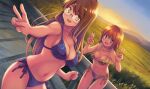  2girls akatsuki_miho akemiho_tabi_nikki ass_visible_through_thighs bangs bikini blue_bikini brown_eyes brown_hair double_v dutch_angle eyebrows_visible_through_hair glasses halterneck highres kouno_hikaru long_hair looking_at_viewer multiple_girls oribe_shiori plaid plaid_bikini purple_eyes rimless_eyewear rural short_hair side-tie_bikini string_bikini swimsuit v 