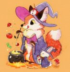  2others animal_ears animal_hands animal_on_head book cauldron cloak commentary_request fluffy fox_ears fox_tail furry furry_and_animal hat highres holding holding_book holding_ladle konatsu_tunacan ladle mouse_(animal) multiple_others mushroom on_head orange_background original other_focus painting_(medium) purple_cloak purple_hat rabbit_ears rabbit_tail simple_background size_difference tail traditional_media watercolor_(medium) witch witch_hat 