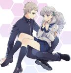  1boy 1girl blue_neckerchief blush cezaria couple embarrassed expressionless eye_contact flower fuyusaka_iori gakuran grey_eyes grey_hair hair_flower hair_ornament highres juusan_kihei_bouei_ken kneehighs loafers long_hair looking_at_another neckerchief own_hands_together pleated_skirt sailor_collar school_uniform sekigahara_ei serafuku shoes silver_hair sitting sitting_on_lap sitting_on_person skirt wavy_mouth 