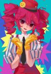  :d aqua_background black_necktie blue_background blush collared_shirt confetti drill_hair gloves hair_between_eyes hands_up hashtag-only_commentary hat head_tilt highres kasane_teto long_hair looking_at_viewer mesmerizer_(vocaloid) mmiacchi necktie open_mouth pants pink_background red_eyes red_hat red_pants shirt sleeves_rolled_up smile smiley_hat_ornament striped_clothes striped_shirt suspenders twin_drills utau wing_collar worried yellow_background yellow_gloves 