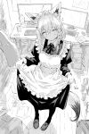  1girl ahoge animal_ears apron bow bowtie braid clothes_lift collared_dress dress fox_ears fox_girl fox_tail frilled_apron frills full_body head_tilt highres hololive indoors juliet_sleeves lifting_own_clothes light_frown loafers long_sleeves looking_at_viewer maid maid_apron maid_headdress pantyhose puffy_sleeves rhinth shirakami_fubuki shoes side_braid skirt skirt_lift solo standing tail virtual_youtuber 