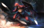 anthro armor arrows balls battle belly crius fight foreskin genitals hi_res humanoid_genitalia humanoid_penis male melee_weapon multi_genitalia multi_limb multi_penis muscular myneonone penis reptile scalie shield snake solo sword weapon