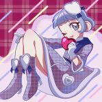  :d blunt_bangs boots commentary commentary_request dress fang full_body gloves hand_on_own_knee hand_up high_heel_boots high_heels highres himitsu_no_aipri holding knees_up looking_at_viewer looking_to_the_side mamiya_chii medium_dress one_eye_closed pink_background pipo_(pipopipopo00) plaid_background plaid_clothes plaid_dress plaid_footwear pretty_series purple_boots purple_dress purple_eyes purple_hair red_background short_hair short_sleeves sitting smile straight_hair v-shaped_eyebrows white_gloves 