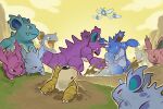  blue_skin cloud colored_skin day fang highres horns nidoking nidoqueen nidoran nidoran_(female) nidoran_(male) nidorina nidorino open_mouth outdoors pink_skin pokemon pokemon_(creature) purple_skin red_eyes sandshrew single_horn sky squeegool swablu yellow_sky 