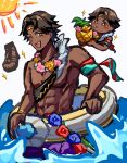 1boy abs brown_eyes brown_hair dark-skinned_male dark_skin fire_emblem fire_emblem_engage fire_emblem_heroes flower flower_necklace fogado_(fire_emblem) fogado_(summer)_(fire_emblem) food fruit highres holding holding_swim_ring innertube kashiwa_e3 male_swimwear official_alternate_costume pineapple purple_swim_trunks smile star-shaped_pupils star_(symbol) swim_ring swim_trunks symbol-shaped_pupils 