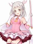  1girl @_@ bare_shoulders blue_ribbon blush bow braid cosplay cowboy_shot detached_sleeves dress elbow_gloves embarrassed fate/kaleid_liner_prisma_illya fate_(series) furrowed_brow gakuen_idolmaster gloves grey_hair hair_bow hair_ribbon half_up_braid holding holding_wand idolmaster illyasviel_von_einzbern katsuragi_lilja layered_skirt looking_at_viewer magical_girl nannacy7 neckerchief open_mouth pink_bow pink_dress prisma_illya prisma_illya_(cosplay) ribbon ribbon_braid short_hair simple_background skirt sleeveless sleeveless_dress solo thigh_strap w wand white_background white_gloves yellow_neckerchief 