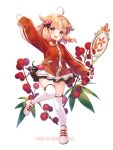  1girl :d blush brown_eyes brown_hair chinese_clothes flower flower_knight_girl full_body hair_bobbles hair_flaps hair_ornament hairclip highres hima_(flower_knight_girl) holding jacket long_hair long_sleeves looking_at_viewer miniskirt name_connection object_namesake official_art pleated_skirt puffy_long_sleeves puffy_sleeves red_flower red_jacket shoes simple_background skirt sleeves_past_wrists smile solo standing standing_on_one_leg thighhighs umeko_machi white_background white_shoes white_skirt white_thighhighs 