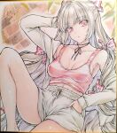  1girl absurdres ai_ai_gasa alternate_costume blush bow breasts commentary_request dated fujiwara_no_mokou grey_hair hair_bow hand_in_pocket highres long_hair long_sleeves looking_at_viewer monety multiple_hair_bows navel open_clothes open_shirt pink_eyes red_tank_top shikishi shirt shorts signature solo tank_top thighs touhou traditional_media translated very_long_hair white_shirt white_shorts 