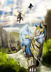  1boy 1girl absurdres angemon baluchimon blue_eyes blue_fur body_fur commentary_request darcmon digimon digimon_(creature) forehead_jewel green_eyes highres mimicmon nature nyaromon official_art outdoors plotmon 