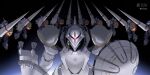  1boy artist_name brown_hair commentary_request gundam gundam_gquuuuuux gyan_(gquuuuuux) highres holding holding_polearm holding_weapon horocca lance looking_at_viewer mecha mecha_focus mecha_pilot_suit mobile_suit normal_suit_(gundam) one-eyed pink_eyes polearm robot science_fiction shield space twitter_username weapon xavier_olivette zeon 