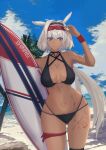  1girl absurdres animal_ears bangs bare_shoulders beach bikini black_bikini black_hairband blue_eyes blue_sky body_markings breasts caenis_(fate) caenis_(swimsuit_rider)_(fate) cleavage cloud cloudy_sky collarbone eyebrows_visible_through_hair eyewear_on_head fate/grand_order fate_(series) haduki_fa hairband highres large_breasts long_hair looking_at_viewer nail_polish navel ocean palm_tree sand shore single_thighhigh sky smile solo sunglasses surfboard swimsuit thighhighs thighs tree very_long_hair white_hair white_nails wristband 