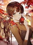  1girl animal autumn autumn_leaves bangs bird blurry blurry_background blush breasts commentary_request green_eyes hands_up highres large_breasts leaf long_arms long_hair looking_at_viewer maple_leaf nail_polish open_mouth original outdoors red_nails shycocoa sleeves_past_elbows solo teeth twintails upper_body upper_teeth 