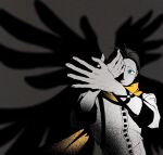  1boy arms_up black_hair black_trim blue_eyes closed_mouth film_grain grey_background hair_slicked_back highres long_scarf looking_at_hands male_focus mochizuki_ryouji mole mole_under_eye one_eye_covered otoko_haza persona persona_3 scarf shadow shadow_puppet shirt short_hair sleeve_cuffs solo upper_body white_shirt yellow_scarf 