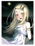  1girl arms_behind_back bare_shoulders blonde_hair blush dress earrings eyelashes flat_chest full_moon gakuen_idolmaster hair_ornament hairclip horizon idolmaster jewelry long_hair looking_at_viewer moon night open_mouth orange_eyes outdoors shinosawa_hiro sidelocks sleeveless sleeveless_dress smile solo stud_earrings sumomo_otome upper_body white_dress x_hair_ornament 