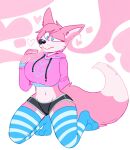 anthro bella_(snugglefox22) blue_eyes canid canine clothing confusion female flared_nostrils fox fur heart_symbol hi_res hoodie kneeling legwear mammal pink_body pink_fur scent scentplay sid_is_screaming simple_background smell sniffing solo thigh_highs topwear visible_sniffing white_background white_body white_fur