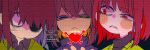  3others adversarial_noise anger_vein black_eyes black_shirt brown_hair chara_(undertale) colored_inner_hair deltarune frisk_(undertale) frown green_sweater heart kris_(deltarune) mr0x0 multicolored_hair multiple_others red_eyes shirt short_hair soul_(deltarune) sweater too_many_watermarks two-tone_hair undertale watermark watermark_grid 