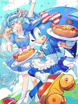  1boy 1girl apron arm_up artist_name back_bow blue_eyes blue_hair blue_sky blush bow buttons chili_dog cloud collared_shirt commentary_request confetti crossdressing double-breasted english_commentary feet_out_of_frame flag food hair_between_eyes hand_up hands_up hatsune_miku highres holding holding_food kneehighs leg_up mesmerizer_(vocaloid) natsu_trx one_eye_closed open_mouth plate puffy_short_sleeves puffy_sleeves roller_skates sailor_collar shirt short_sleeves skates sky socks sonic_(series) sonic_the_hedgehog standing standing_on_one_leg star-shaped_pupils star_(symbol) symbol-shaped_pupils twintails vocaloid waist_apron white_apron white_bow white_sailor_collar white_wrist_cuffs wrist_cuffs 