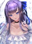  1girl absurdres bangs black_choker blue_bow blue_eyes blurry blurry_background bow choker collarbone commentary depth_of_field eyebrows_visible_through_hair fate/grand_order fate_(series) frilled_swimsuit frills hair_bow hair_intakes highres long_hair meltryllis_(fate) meltryllis_(swimsuit_lancer)_(fate) off-shoulder_one-piece_swimsuit off_shoulder pekerika purple_hair solo swimsuit water_drop 