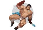  1boy abs absurdres bandaged_leg bandages bara bulge clothes_down fangs full_body fundoshi hachimaki hand_fan headband highres holding holding_fan japanese_clothes large_pectorals long_sideburns looking_at_viewer magatama magatama_necklace male_focus mature_male muscular muscular_male nejiri_hachimaki nipples pectorals short_hair sideburns smile solo stomach tajikarao_(housamo) thick_thighs thighs tokyo_afterschool_summoners traver009 