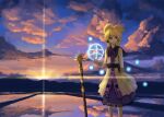  1girl absurdres belt black_belt black_sailor_collar blonde_hair blue_sky bracer brown_eyes closed_mouth cloud commentary_request earmuffs expressionless feet_out_of_frame highres looking_afar magic mountainous_horizon neck_ribbon pointy_hair purple_ribbon purple_skirt reflection reflective_water ribbon rice_paddy ritsuzou sailor_collar shirt short_hair skirt sky sleeveless sleeveless_shirt solo standing sunset sword touhou toyosatomimi_no_miko weapon yellow_shirt 