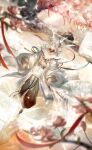  1boy artist_request beads black_pants black_shoes blue_eyes bush capelet cherry_blossoms chinese_clothes dragon_horns expressionless floating flower full_body game_cg hagoromo hair_between_eyes half-closed_eyes hanfu highres horn_ornament horn_ribbon horns long_hair long_sleeves luming male_focus nikki_(series) official_art outdoors pants parted_lips pink_flower prayer_beads puffy_long_sleeves puffy_pants puffy_sleeves red_ribbon ribbon shawl shining_nikki shoes socks solo spring_(season) white_capelet white_hair white_hanfu white_horns white_socks yunjian 