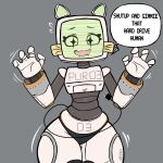 animal_humanoid anthro cat_humanoid clothing digital_media_(artwork) english_text felid felid_humanoid feline feline_humanoid female hands_up hi_res humanoid looking_at_viewer machine mammal mammal_humanoid nyxartstation power_cord pur_03 robot_anthro screen screen_face segmented_body simple_background small_waist teasing text thick_thighs underwear whiskers wide_hips