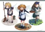  3girls :d absurdres alternate_costume apron black_dress black_footwear blonde_hair blue_bow blue_eyes blush border bow brown_eyes brown_hair bucket dress drill_hair enmaided fairy fairy_wings fang full_body grey_border hair_bow highres holding holding_tray juliet_sleeves long_sleeves looking_at_viewer luna_child maid maid_apron maid_headdress misohagi mop multiple_girls open_mouth orange_hair puffy_sleeves short_hair signature smile standing standing_on_one_leg star_sapphire sunny_milk touhou tray twitter_username two_side_up white_apron white_background wings 