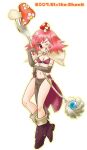  1girl 2000s_(style) 2007 :q bikini bikini_top_only blush boots breasts brown_boots brown_capelet brown_gloves capelet cleavage closed_mouth commentary_request elbow_gloves fork full_body gloves holding holding_fork john_(strike-shank) long_hair looking_at_viewer mage_(ragnarok_online) medium_breasts midriff mushroom mushroom_on_head navel one_eye_closed oversized_fork pelvic_curtain pink_hair ragnarok_online red_bikini red_eyes red_skirt showgirl_skirt simple_background skirt smile solo swimsuit tongue tongue_out 