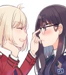  2girls aqua_ribbon black-framed_eyewear black_hair blonde_hair blue_jacket blue_ribbon blush bob_cut closed_eyes closed_mouth collared_shirt commentary_request eyelashes facing_another from_side frown glasses hair_behind_ear hand_on_own_chin hands_up highres inoue_takina jacket long_hair looking_at_another lycoris_recoil lycoris_uniform multiple_girls neck_ribbon nishikigi_chisato open_mouth over-rim_eyewear profile purple_eyes red_jacket ribbon sango_(sango3_3) semi-rimless_eyewear shirt short_hair simple_background smile straight_hair white_background white_shirt wing_collar yuri 