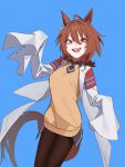  1girl absurdres agnes_tachyon_(umamusume) animal_ears black_pantyhose blue_background brown_eyes brown_hair brown_sweater_vest coat cowboy_shot hair_between_eyes highres holypotato0 horse_ears horse_girl horse_tail lab_coat looking_at_viewer open_clothes open_coat open_mouth pantyhose simple_background sleeves_past_fingers sleeves_past_wrists smile solo sweater_vest tail umamusume 