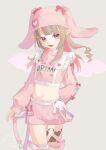  1girl absurdres alamp animal_ears beanie belt blunt_bangs bow buckle character_name chest_harness clothes_writing colored_inner_hair cowboy_shot cropped_jacket drill_hair fake_animal_ears fang floppy_ears frills hair_down harness hat hat_bow heart heart-shaped_buckle highres jacket leg_tattoo long_hair looking_at_viewer loose_belt makaino_ririmu midriff multicolored_hair name_tag navel nijisanji official_alternate_costume official_alternate_hairstyle open_mouth pants pink_belt pink_hair pink_jacket pink_ribbon pink_shorts pink_thighhighs pointy_ears rabbit_ears red_eyes ribbon short_shorts shorts sidelocks simple_background sleeves_past_wrists standing streaked_hair stuffed_animal stuffed_toy tattoo thighhighs track_jacket track_pants virtual_youtuber white_background white_belt white_wings winged_heart_tattoo wings 