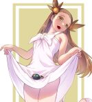  1girl border bow brown_eyes brown_hair clothes_lift commentary_request dress dress_lift glint hair_bobbles hair_ornament heavy_ball highres jasmine_(pokemon) long_hair looking_at_viewer open_mouth outside_border poke_ball pokemon pokemon_gsc solo standing ultra_ball white_border white_bow white_dress yellow_background yoshikage_(yo4kage) 