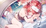  1girl absurdres bare_shoulders black_camisole blush breasts camisole closed_eyes closed_mouth commentary curtains grey_shorts highres hololive kintoki_(sakura_miko) long_hair maguchi_(sakura_miko) makigaihe night notepad pink_hair sakura_miko shorts sleep_mask sleeping smile thighs virtual_youtuber window 